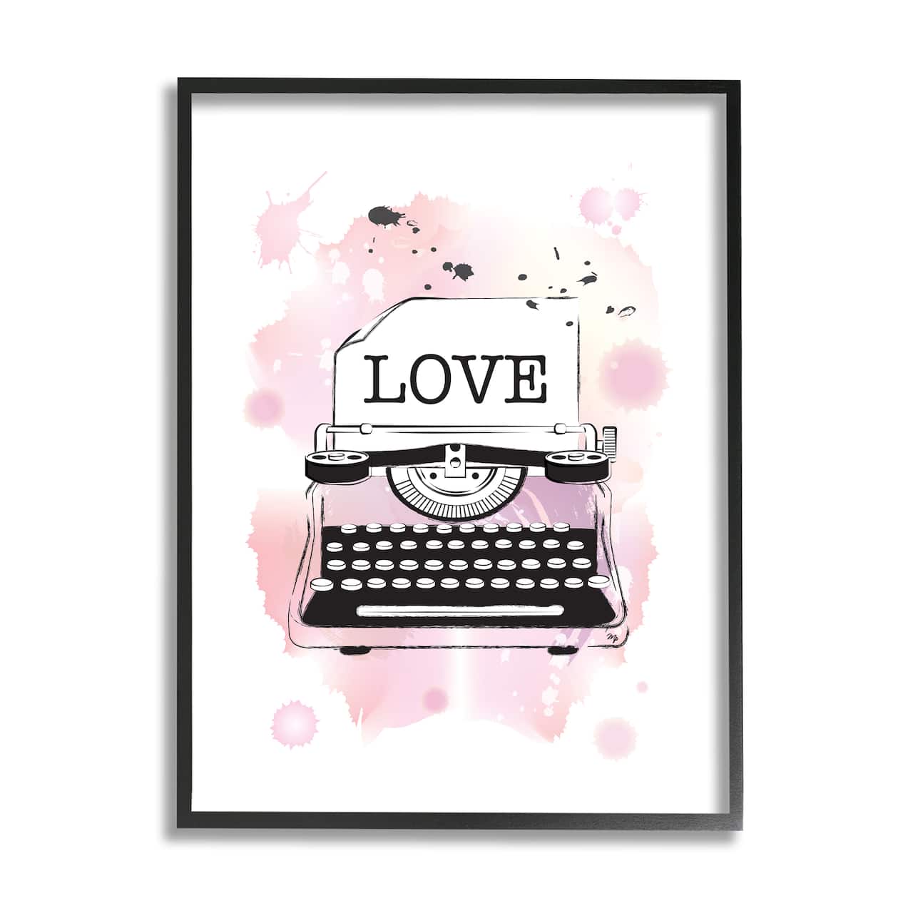 Stupell Industries Retro Pink Typewriter Love Text Paint Splash in Black Frame Wall Art